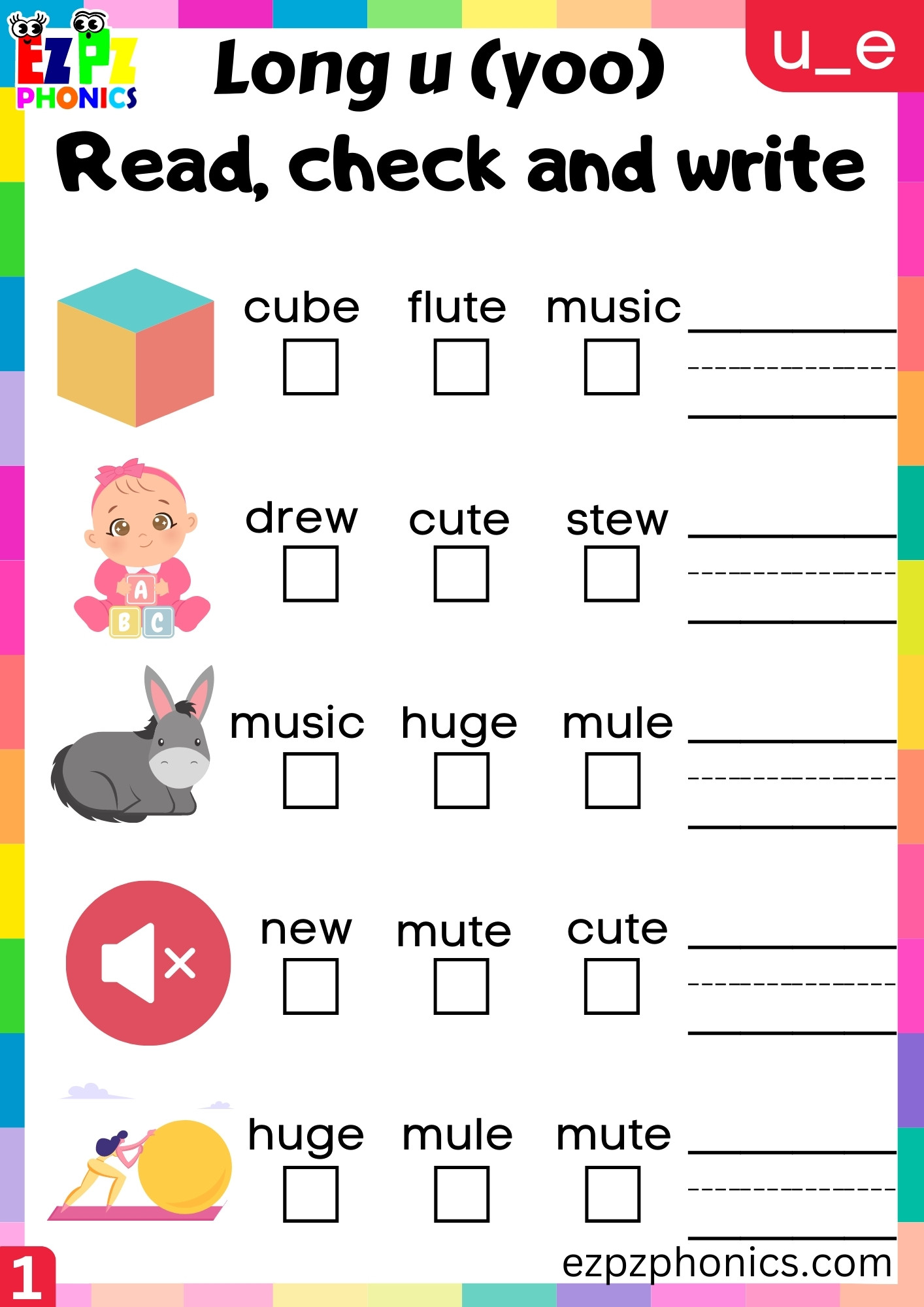 Read Check and Write for u_e Words Long u (yoo) Sound